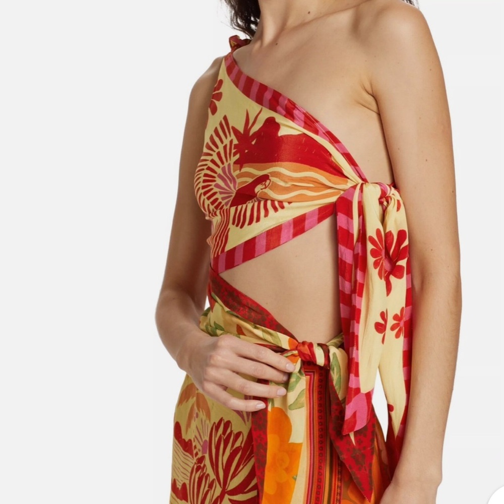 FARM Rio Red and Orange Floral Mixed Scarves Midi Dress